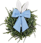 24" Easter Wreath for Front Door, Artificial Green Boxwood Spring Wreath with Bunny Ears & Blue Plaid Bow, Spring Easter Outdoor/Indoor Decor for Home Farmhouse Office Porch Wall Mantel Window by LushNook