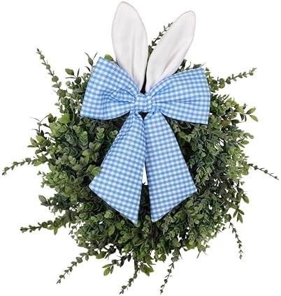 24" Easter Wreath for Front Door, Artificial Green Boxwood Spring Wreath with Bunny Ears & Blue Plaid Bow, Spring Easter Outdoor/Indoor Decor for Home Farmhouse Office Porch Wall Mantel Window by LushNook
