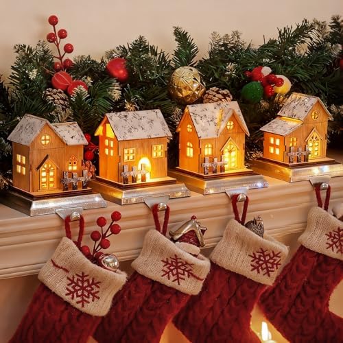 4 Pack Christmas Stocking Holders for Mantle, Wood Room Hangers With Lights, House Xmas Hanging Hooks for Fireplace Tables, Weighted Hook Christmas Decorations by FRAMICS