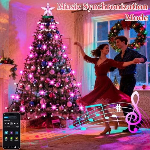 Smart Valentine's Day Lights with Star Topper, APP Control Music Sync Color Changing RGB Christmas String Lights, Cascading Twinkle Lights for Indoor Outdoor Xmas Tree Decorations - Image 6