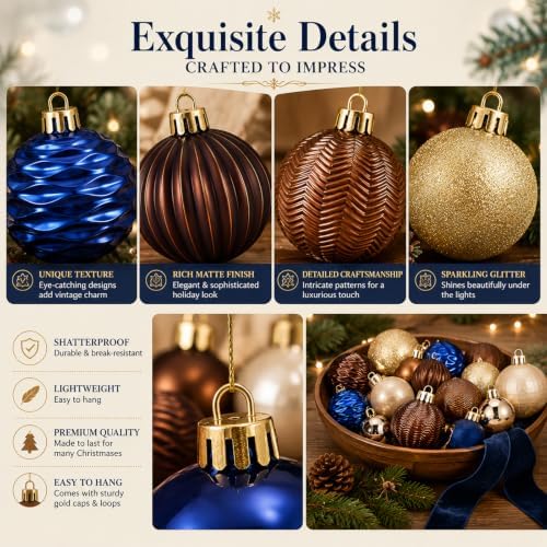 Lunmon 64 Pcs Vintage Christmas Ornament Royal Blue Bronze Champagne Gold - Image 4