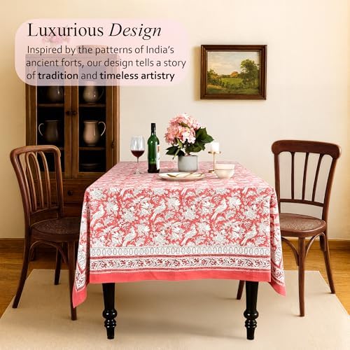 CPC Cotton Tablecloth 80x120 Inch Rectangle Indian Block Print Tablecloth- Pink Washable Wedding Table Cover for Thanksgiving/Christmas- Pink Coral - Image 2