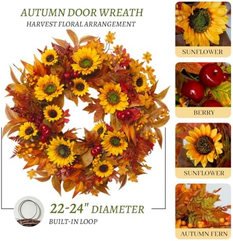 24 Inch Harvest Fall Wreaths for Front Door with Sunflower and Red Berries - Image 3