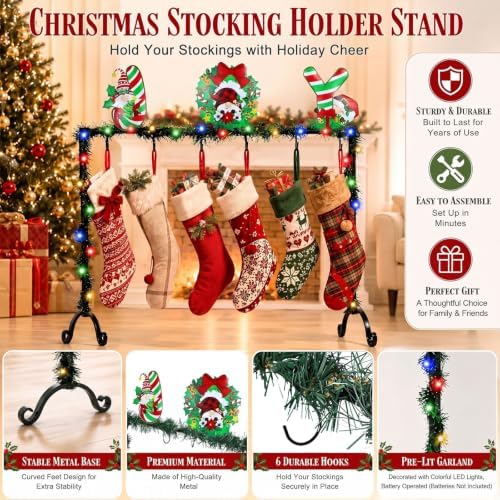 Treela Christmas Stocking Holder Stand for Floor Metal 6 Hook,Candy Joy - Image 3