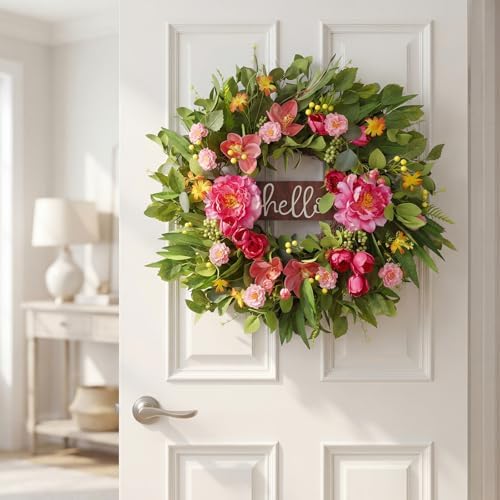 AMOIRSE 24" Wreaths for Front Door with Hello Sign,Artificial Eucalyptus Wreath with Pink Penoy,Magnolia,Tulip,Berries,Greenery Summer Wreath for Front Door,Farmhouse,Porch,Wall,Window Outdoor Decor - Image 4