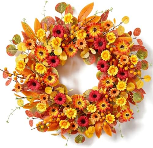 Harvest Fall Wreaths for Front Door 22 Inch Autumn Daisy Wreath Wall Decor by Betylifoy
