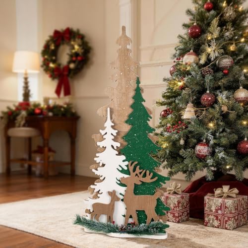 Glitzhome 35.5"H Wooden Christmas Tree Porch Sign,Standing Porch Decor with Reindeer and Pinecone,Merry Christmas Welcome Sign for Holiday Front Porch Outdoor Decorations - Image 3