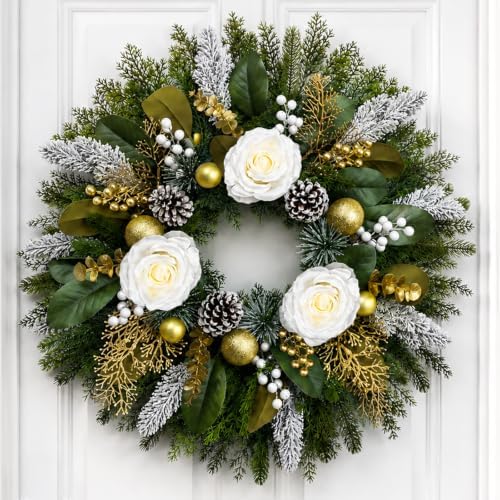 28 Inch Christmas Wreath for Front Door, White Rose Gold Winter Wreath by WEYANZE