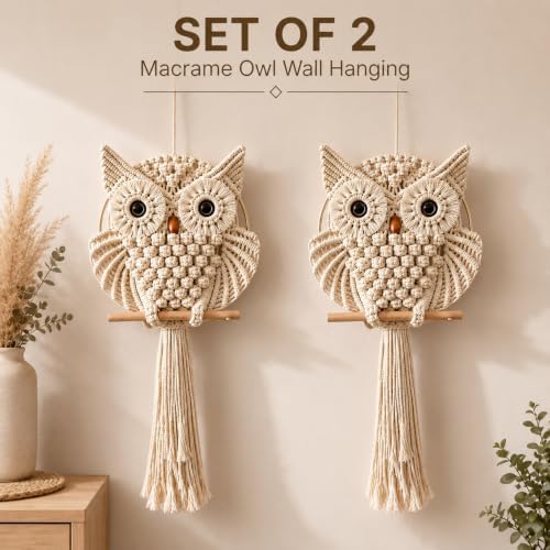 Bohemian Owl Macramé Wall Hanging Pack Of 2-12 x 23 Inch - Handcrafted Boho Home Décor with Natural Elements - Boho Chic Accent for Home, Office, or Living Room (Light Yellow) - Image 2