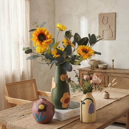 Vintage Ceramic Vase, Minimalist Texture Stone Patterned White Flower Vase, Decorative Vase for Living Room Shelf Farmhouse Dining Table Centerpiece Decor (Colorful Rustic-3 Pack) (Rustic-3 Pack) - Image 3