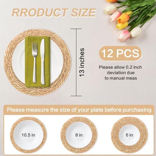 Round Woven Placemats Set of 12，13 Inch Natural Rattan Placemats Hand-Woven Water Hyacinth Placemat Farmhouse Rustic Braided Boho Wicker Table Mats for Christmas Dining Table Wedding Home (13 Inch) - Image 2