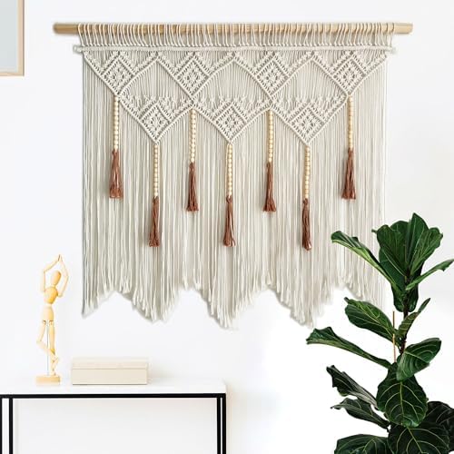 Youngeast Large Macrame Wall Hanging Boho Woven Tapestry Bohemian Macrame Wall Decor Handmade Tassel Tapestry Home Decoration for Bedroom Living Room 39"X31" (Wood Dowels Not Included) (Beige) by Unknown