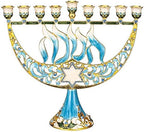 Hand Painted Blue Enamel Menorah Candelabra with a Star of David and - Image 2