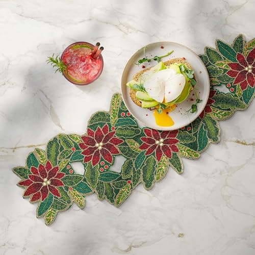 Lightnpro Poinsettia Beaded Table Runner - Festive 13" × 36" Holiday Decor in Maroon & Green - Elegant Farmhouse Christmas & Thanksgiving Dining Accent - Image 6