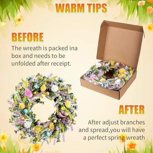 20 Inch Easter Wreath for Front Door Spring Wreath Easter Egg Wreath with Colorful Eggs Hydrangea Daisies Eucalyptus Leaves for Easter Decorations Holiday Wall Home Window Decor (Purple, Large) - Image 4