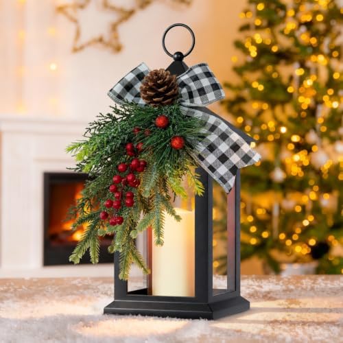 Christmas Decorative Lantern with LED Candle – Black Lantern with Pinecones, Black Bow – Battery Operated Christmas Table Centerpiece for Indoor Decor(1pack) by JOHUNT