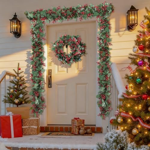 Findosom Total 12.4FT Christmas Garland for Mantle, 2PCS Flexible Red Berry Garland with Leaves, Artificial Garlands for Decoration Christmas Fireplace Indoor Outdoor Home Stairs Holiday Decor - Image 5