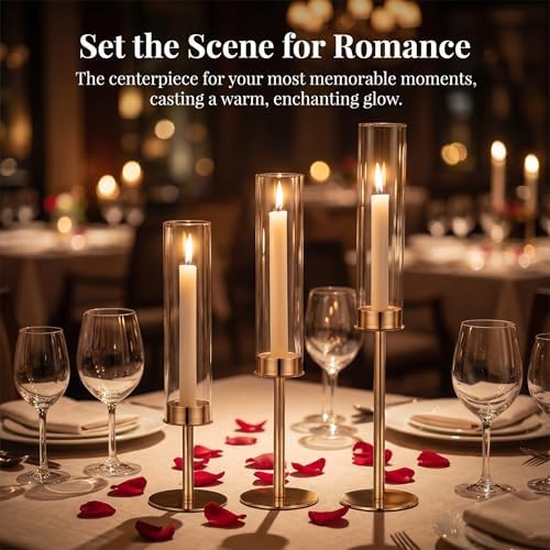 Gold Hurricane Candle Holders Set of 3, Tall Metal Windproof Glass Taper Candle Holder for Candelabra Centerpieces for Dining Table, Wedding, Party & Fireplace Mantel Decor - Image 3