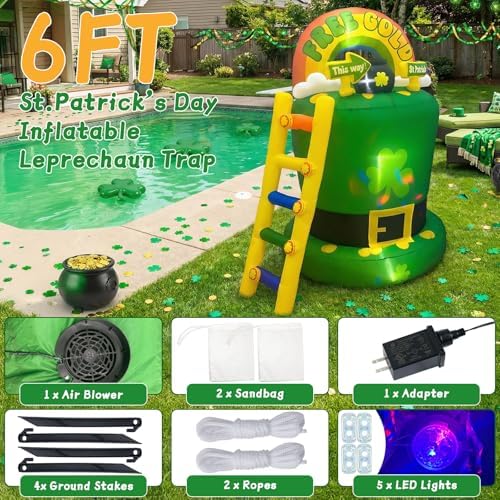 OurWarm 6FT St Patricks Day Inflatables Outdoor Decorations, St. Patrick's Day Blow Up Inflatable Leprechaun Trap with Rainbow Pot of Gold Shamrock Ladder, Saint Patricks Day Yard Garden Lawn Decor - Image 4