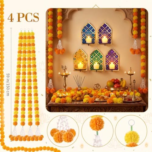 Yookeer 24 Pcs Diwali Decoration Craft Set Wooden Light Holder Lotus Decor Artificial Marigold Flowers Garland for Deepavali Wall DIY Craft Temple Puja Indian Pooja Diwali Wedding Supplies - Image 3