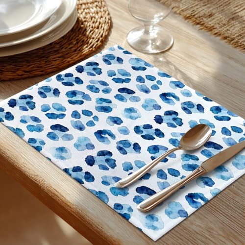 Shrahala Navy Blue Set of 6 12 X 18 Inch Linen Placemats, Watercolor Stains Burlap Table Mat Washable Double Layered Heat Insulation for Indoor/Outdoor - Image 2