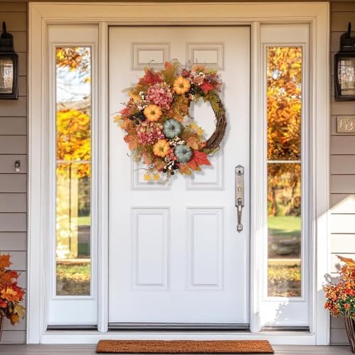 Fall Wreaths for Front Door, Artificial Pumpkin Hydrangea Autumn Wreath - Image 2