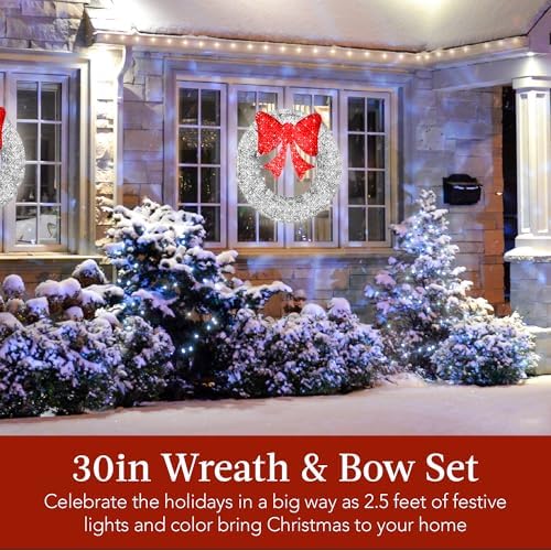 Best Choice Products 30in Pre-Lit Outdoor Christmas Wreath Decoration, LED Metal Holiday Decor for Home w/ 100 Lights, Bow - Silver/Red - Image 2