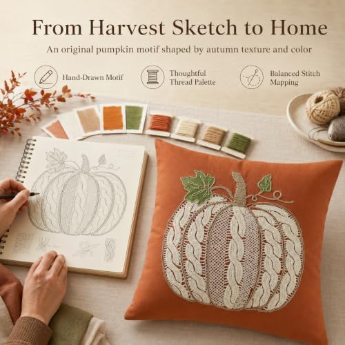 Embroidered Fall Throw Pillow Covers,18x18 Inch Set of 2,Rust Cable - Image 2