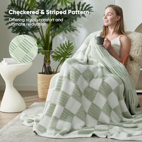 Snuggle Sac Faux Fur Checkered Blanket Twin Size,Super Soft Reversible Cozy Warm Blanket for Sofa Bedroom,Cute Lightweight Striped Throws for Women,Heather Sage Green,60x80 inches - Image 2