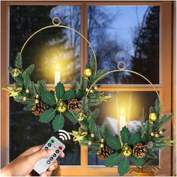 2Pack Christmas Wreaths for Front Door with LED Taper Candles, 16-inch Window Wreath Christmas with Light & Remote, Battery Operated Outdoor Winter Ornaments Christmas Decorations丨Gold丨 by VIODAIM