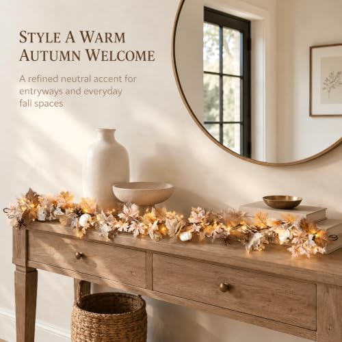 Fall Decor Garland with Lights, 6Ft, 30 Warm LED, White Pumpkins - Image 5
