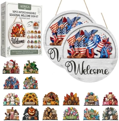 16PCS Interchangeable Welcome Sign for Front Door Seasonal Magnetic Wooden (#2-2pcs) by Unknown