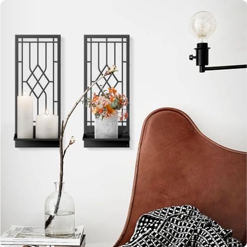 Wall Sconces Candle, Black Metal Wall Decor, Retro Wall Candle Holder for Living Room, Dining Room, Bedroom, Bathroom (2 Pack, 16.5 x 7 in) - Image 7