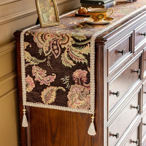 Floral Embroidered Table Runner 90 Inches Long Non-Slip Chenille, Brown by keemir