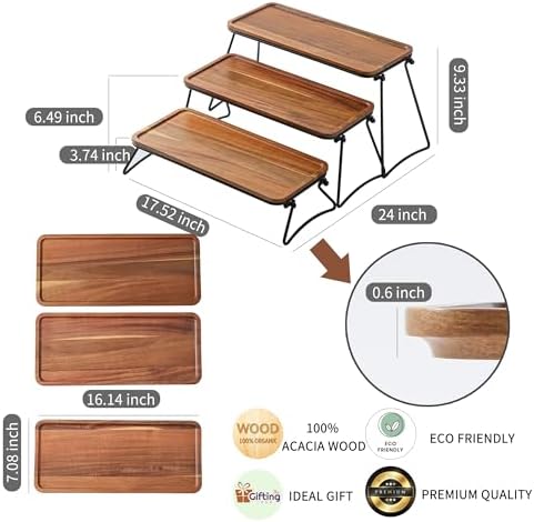 Acacia Wood & Metal 3-Tier Serving Stand, Large Rectangular Platter, 17 Inches, Decorative Tiered Tray for Entertaining, Party, Cupcake Serving, Gift - Image 2
