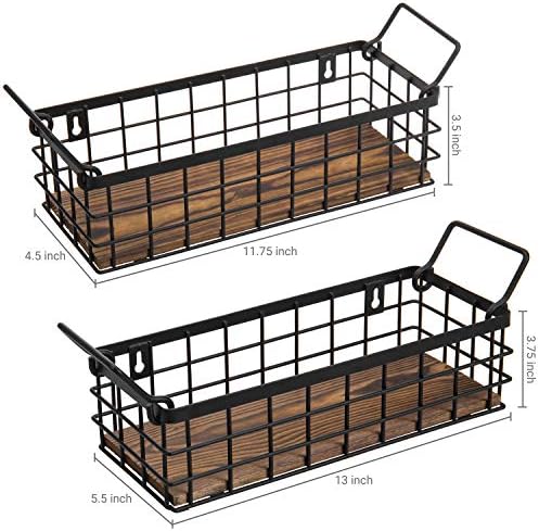 MyGift Set of 2 Black Metal Wire Baskets with Burnt Wood Base Handles - Image 5