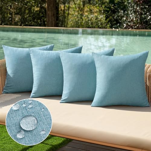 MIULEE Pack of 4 Decorative Outdoor Throw Pillow Covers Linen Waterproof Pillow Covers Summer Farmhouse Cushion Cases for Patio Garden Tent Balcony Couch Sofa 18x18 Inch Blue Gray by MIULEE