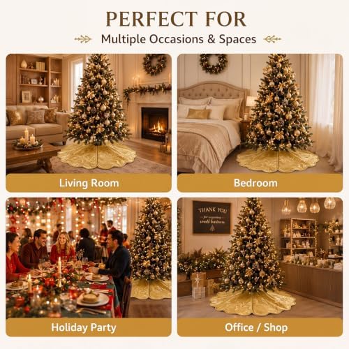 Velvet Christmas Tree Skirt Decor, 36 Inches, Scalloped Edge, Gold - Image 5