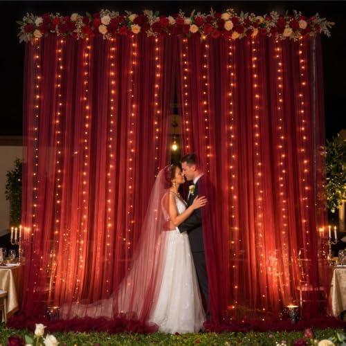 10x10ft Burgundy Tulle Backdrop Curtain with Lights String for Parites, Sheer Backdrop Curtains for Wedding Baby Shower Birthday Party Photo Shoot Decorations - Image 3