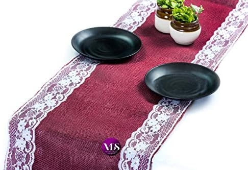 VDS Pack of 12, Burlap Table Runner with White Lace Edge, 100% Natural Jute Rustic Hessian Table Cloth Centerpiece for Wedding Birthday Party Banquet Table Decoration (Size 12X108 Inch)(Maroon) by VDS