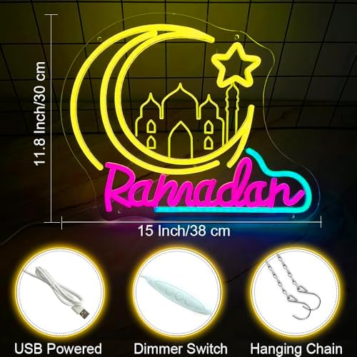 Ramadan Neon Sign Crescent Moon and Star Led Neon Light Ramadan Decoration for Home USB Powered Ramadan Lights for Party Eid Mubarak Decor Islamic Muslim Home Wall Decor Ramadan Gifts for Friends Family - Image 3