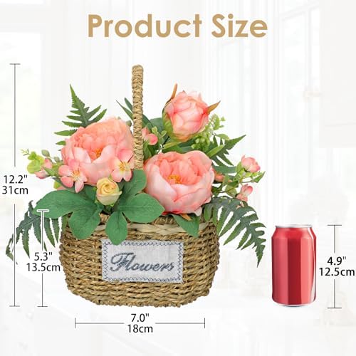 Peonies Artificial Flowers, Spring/Summer Flower Centerpieces for Tables Silk Flower Arrangements with Woven Basket Fake Peonies with Fern Leaves Pink Flower Arrangement for Kitchen Dinner Table - Image 2