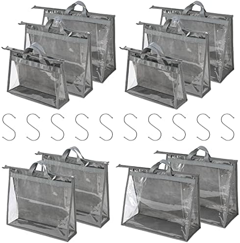 10 Set Handbag Storage Organizer Dust Bags for Purses Handbags Closet, Clear Purse Protector Storage Bag Dust Cover for Bags, Closet Organizer for Handbags with Hooks, Grey by CINPIUK