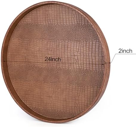 HofferRuffer Large Round Serving Tray 24'', Elegant Faux Leather Circle Ottoman Table Tray, Serve Tea Coffee Breakfast in Bedroom Living Room Kitchen (Antique Brown, 24'') - Image 2
