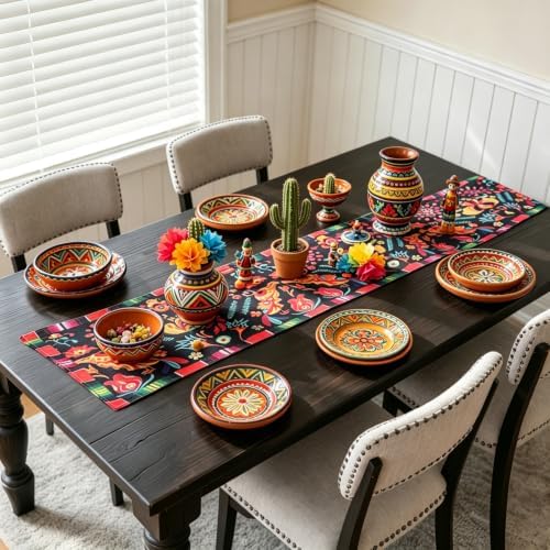 15 Pack Mexican Fiesta Table Runner 72×13in Long Cinco de Mayo Day of The Dead Dia De Los Muertos Runners Farmhouse Rustic Runner for Kitchen Dining Home Party - Image 3