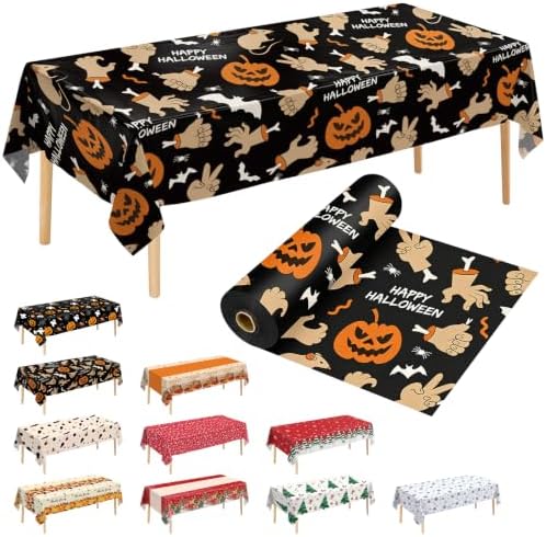 54 Inch X 100 Feet Plastic Table Cover Roll Disposable Halloween Tablecloth Pumpkin Ghost Hand Plistic Table Covers for Halloween Party Decorations (Pumpkin Ghost Hand, 100 Feet) by JHDZDHY