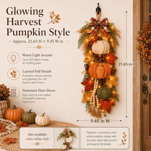 Rustic Wooden Pumpkin Door Hanging with Warm LED Lights, Rustic White Pumpkin Hanging Swag, Fall Decor Gift, Glowing Wreath, Farmhouse Porch Front Door Decoration Home(2-piece Set with Light) - Image 4
