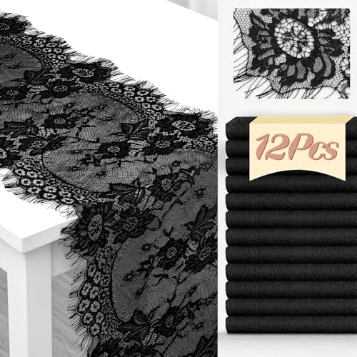 12 Pack Black Lace Table Runners 14 x 120 Inch Black Rustic Lace Fabric Table Runners with Rose Embroidered Floral Vintage Table-Runner for Party Wedding Bridal Shower Decorations - Image 2