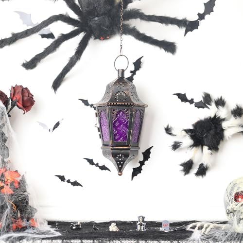 NEEDOMO Halloween Decorative Indoor Hanging Moroccan Lantern, 13.5'' Vintage Metal Candle Holder with 14.8" Chain, Ramadan Lanterns Decorative Indoor Outdoor for Home, Table, Patio, Porch (Purple) - Image 7