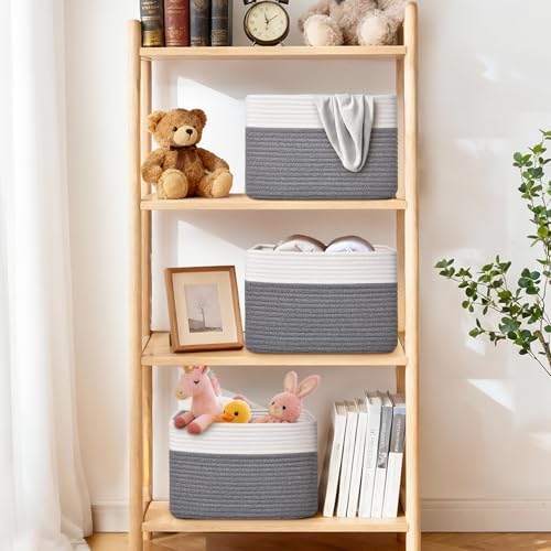 Storage Baskets for Organizing, 4 Pack Baskets for Shelves, Decorative Storage Bins for Shelves, Cotton Rope Storage Basket with Handles, Woven Basket for Storage, 13''Lx8.7''Wx7.9''H, White & Gray - Image 2